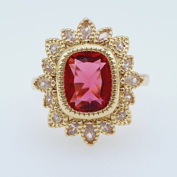 💕 18K Gold Plated Flower Shaped Red 3A CZ Women Ring, FB16FA1038 - Picture 7 of 7